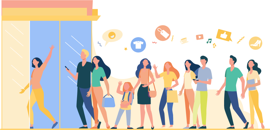 gente haciendo cola con iconos de redes sociales